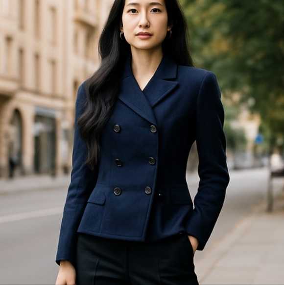 Vince Camuto deep Navy warm Cropped Double Breasted Preppy Peacoat Sz 8 - Picture 8 of 9